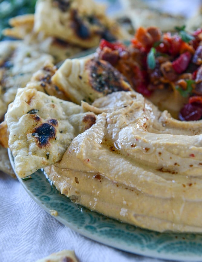 hot bacon cherry pepper hummus with pizza pita chips I howsweeteats.com