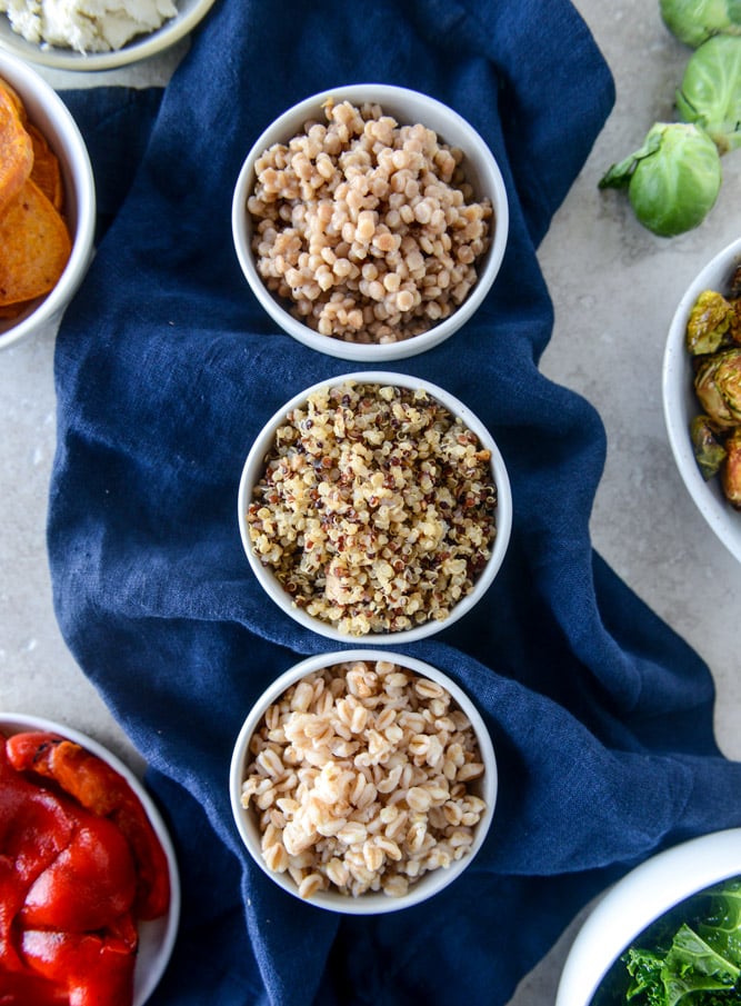grain bowls with maple chipotle brussels and coconut roasted sweet potatoes I howsweeteats.com