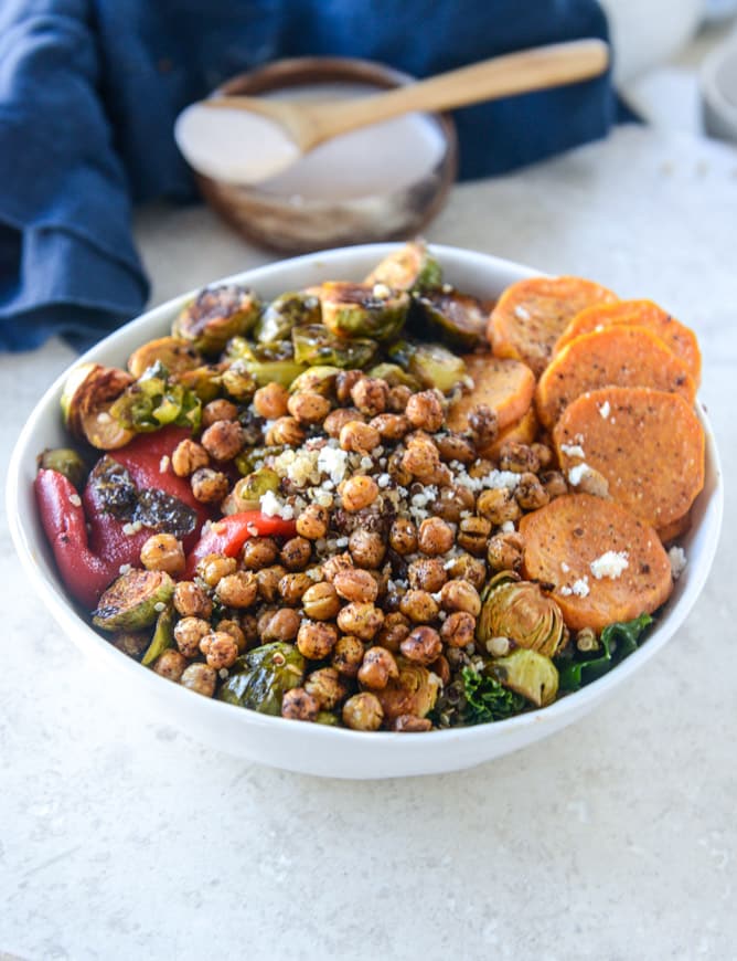 grain bowls with maple chipotle brussels and coconut roasted sweet potatoes I howsweeteats.com