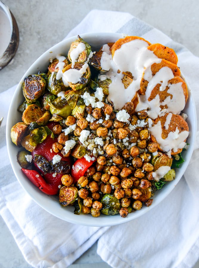 grain bowls with maple chipotle brussels and coconut roasted sweet potatoes I howsweeteats.com