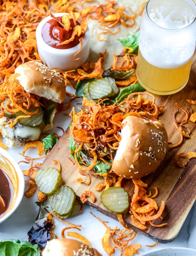 BBQ havarti burgers with sweet potato curly fries I howsweeteats.com