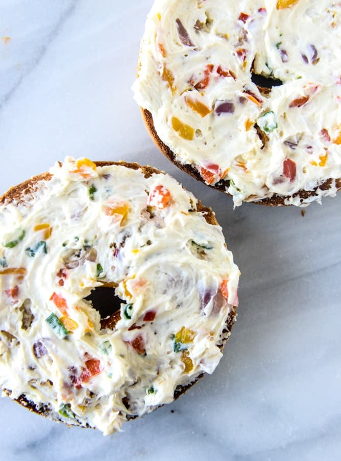 homemade roasted veggie cream cheese and a perfect lox bagel I howsweeteats.com