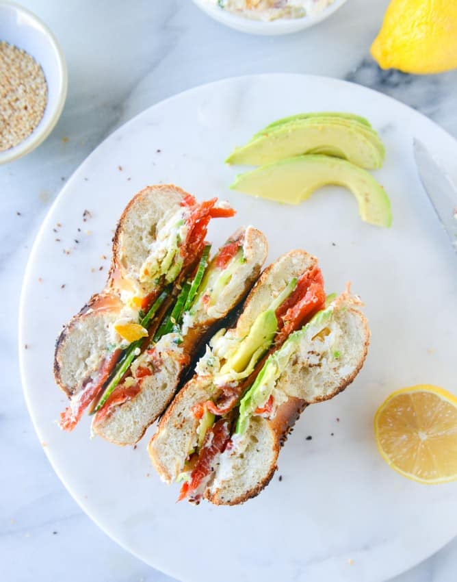 homemade roasted veggie cream cheese and a perfect lox bagel I howsweeteats.com