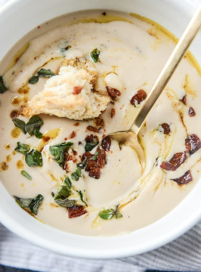 white bean soup with crumbled bacon and spiced brown butter I howsweeteats.com