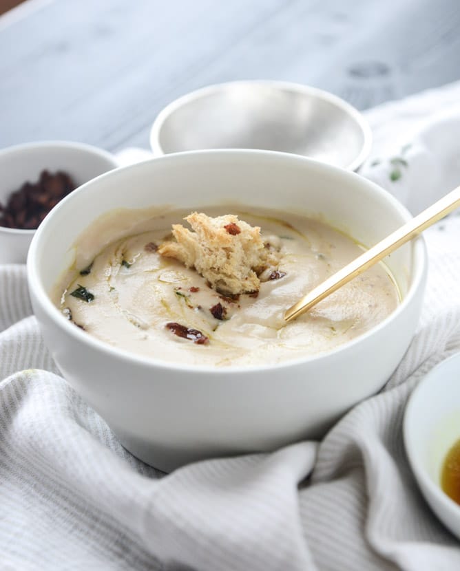 white bean soup with crumbled bacon and spiced brown butter I howsweeteats.com