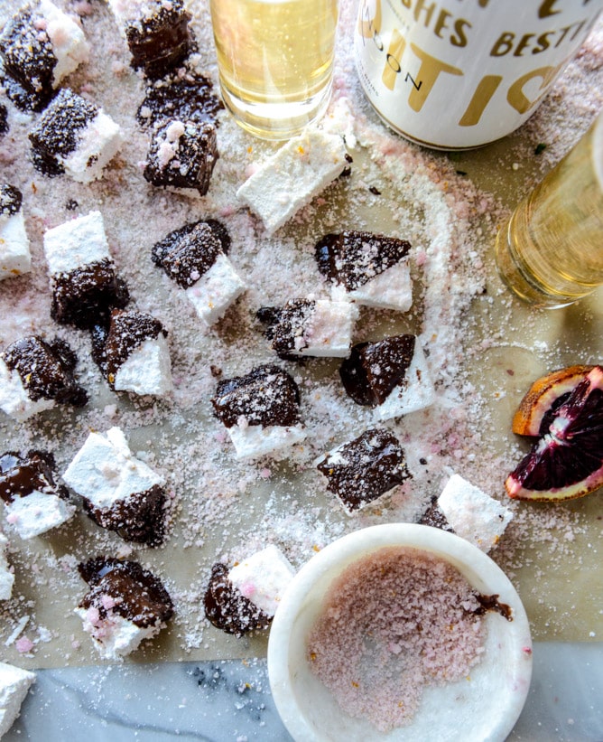 chocolate dipped champagne marshmallows with blood orange sugar I howsweeteats.com