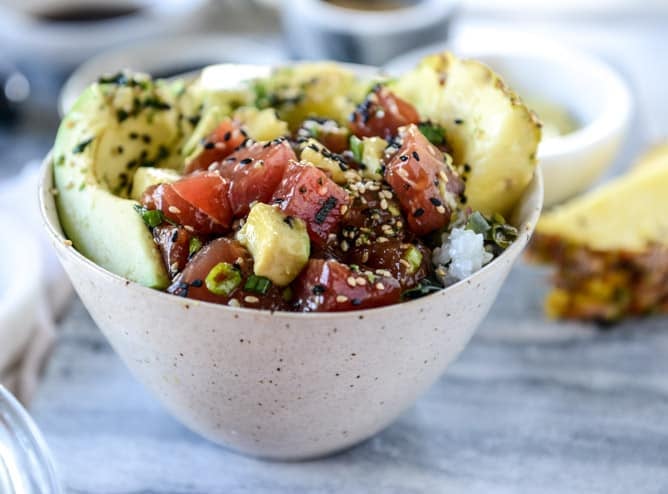 ahi poke bowl with avocado and pineapple I howsweeteats.com