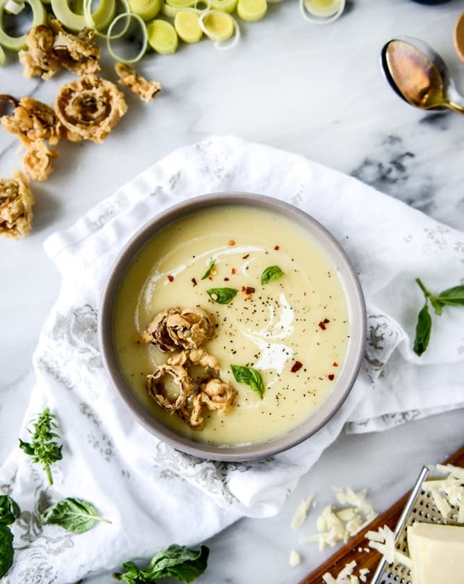 irish ale potato cheddar soup with beer battered leeks I howsweeteats.com