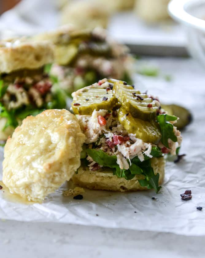 pimento cheese chicken salad on honey butter biscuits I howsweeteats.com