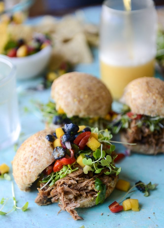 kalua pork sliders with mango blueberry salsa I howsweeteats.com