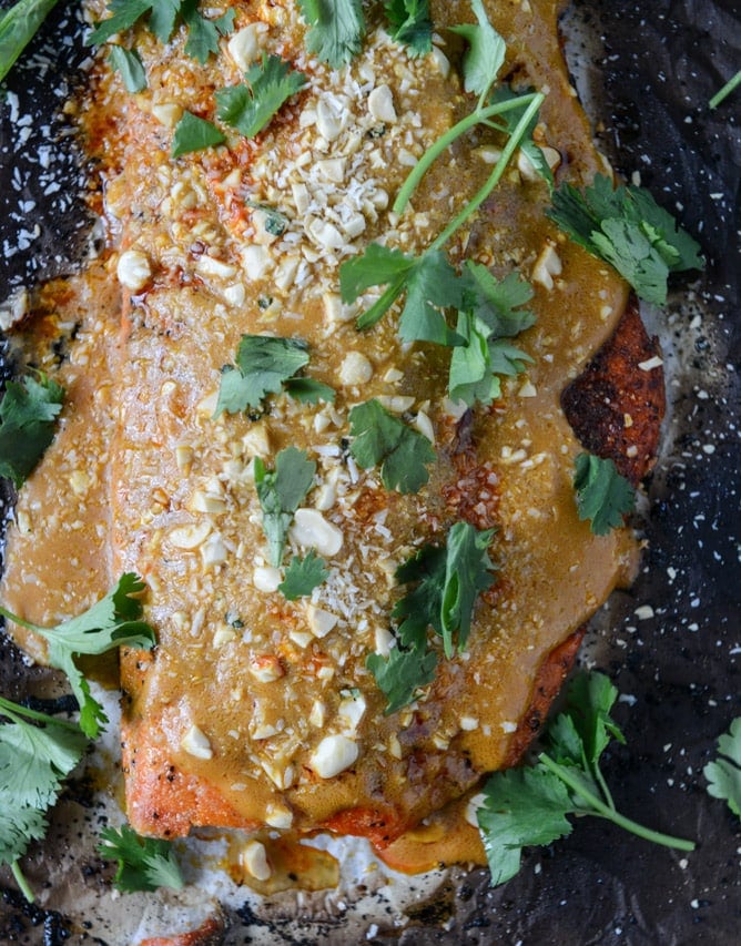 salmon with thai curry peanut sauce and coconut cilantro rice I howsweeteats.com