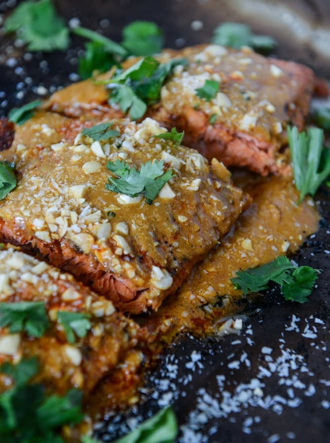 salmon with thai curry peanut sauce and coconut cilantro rice I howsweeteats.com