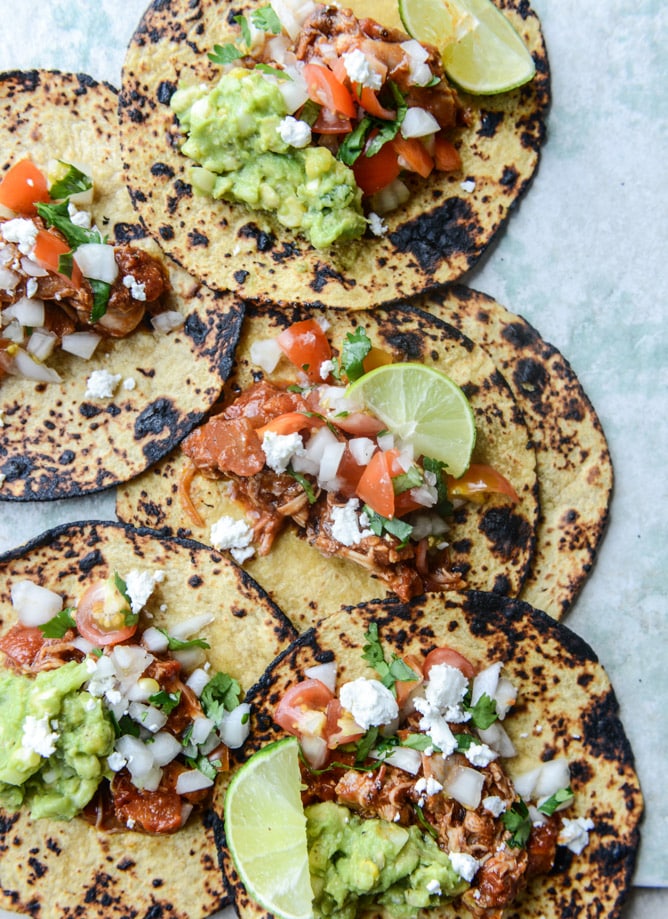 chicken tinga tacos with grilled corn guacamole by @howsweeteats I howsweeteats.com