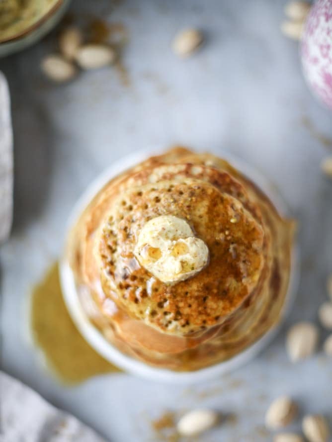 pistachio pancakes with pistachio butter I howsweeteats.com