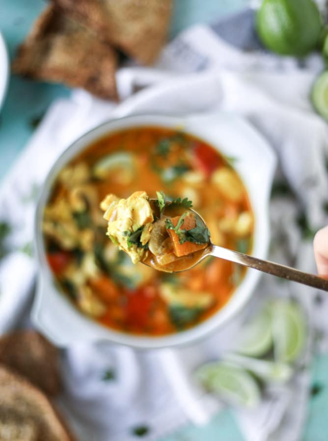 golden chicken coconut soup with spiced pitas I howsweeteats.com