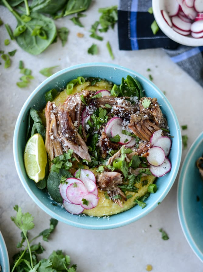 slow cooker maple chipotle pork with cheesy polenta I howsweeteats.com