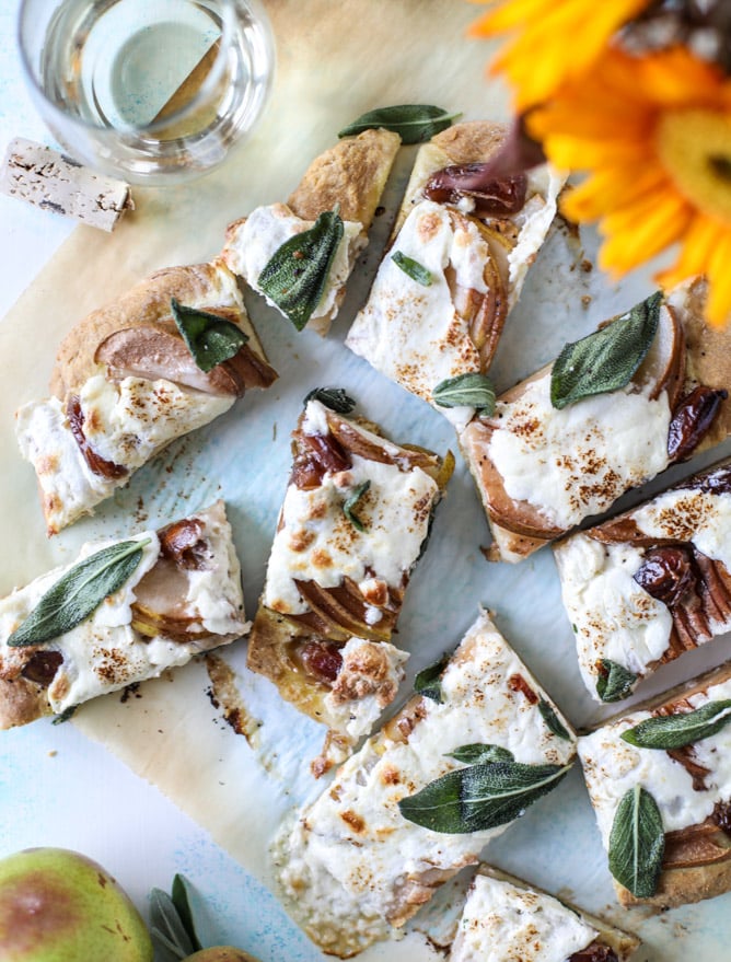 savory pear flatbread with dates, burrata cheese and crispy sage I howsweeteats.com