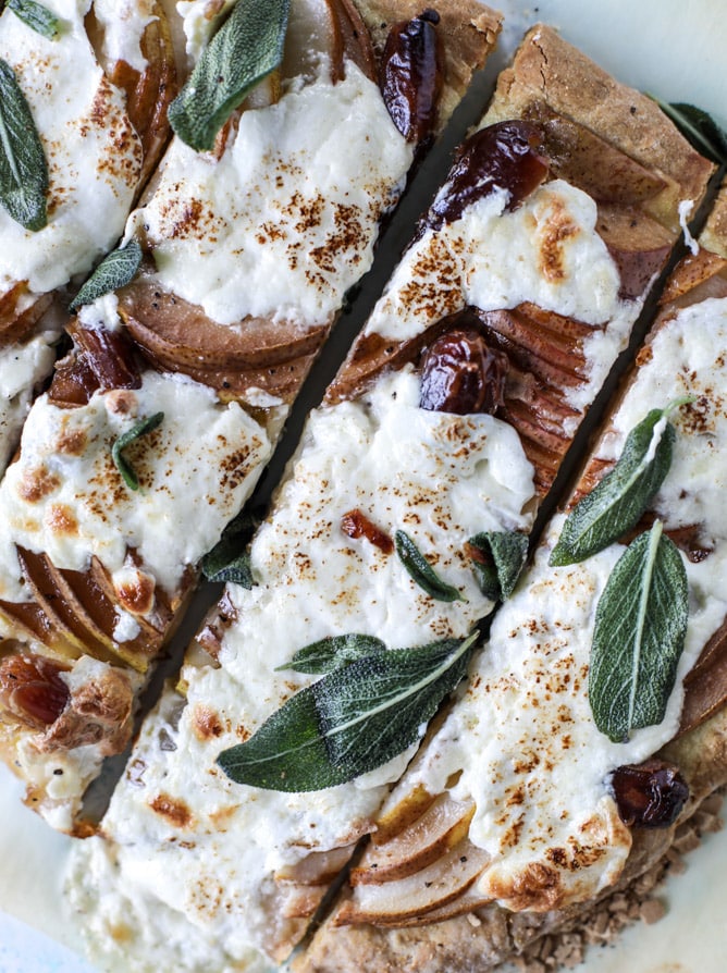 savory pear flatbread with dates, burrata cheese and crispy sage I howsweeteats.com
