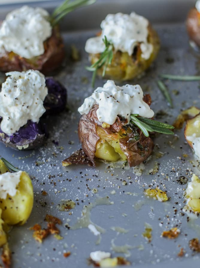 crispy buttered rosemary smashed potatoes with burrata I howsweeteats.com