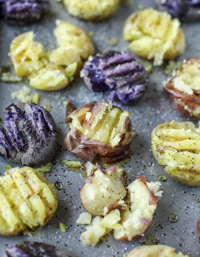 crispy buttered rosemary smashed potatoes with burrata I howsweeteats.com