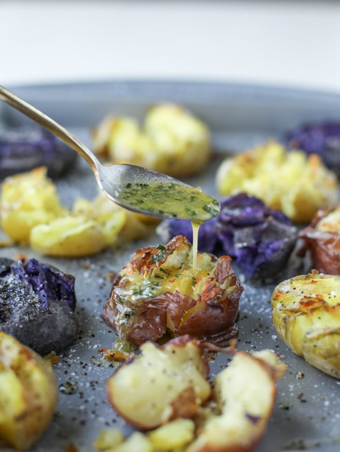 crispy buttered rosemary smashed potatoes with burrata I howsweeteats.com