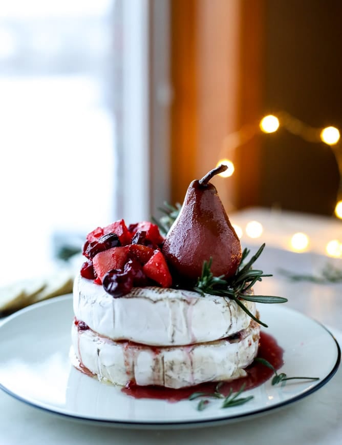 winter fruit stuffed brie with a pinot poached pear I howsweeteats.com