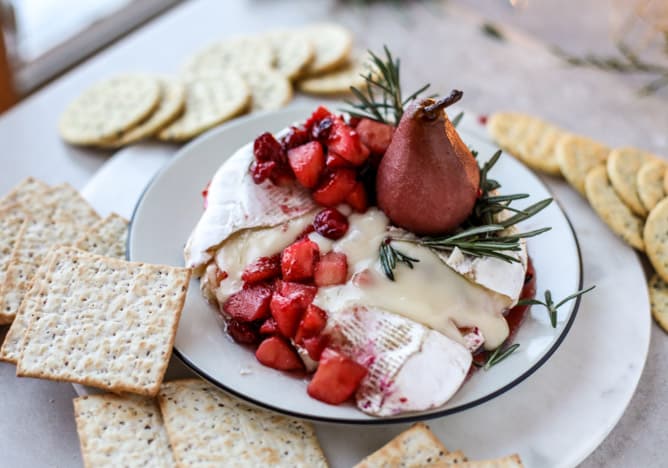 winter fruit stuffed brie with a pinot poached pear I howsweeteats.com