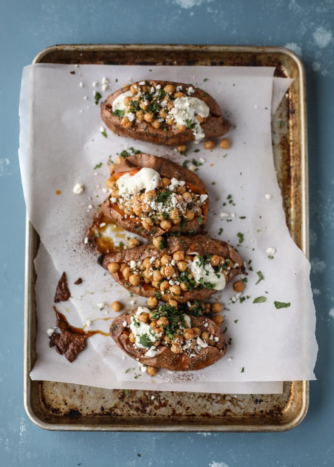 slow roasted sweet potatoes with garlic chickpeas and blue cheese sauce I howsweeteats.com