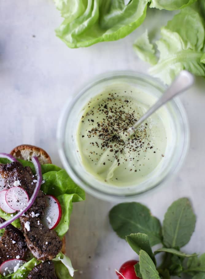 open faced steak sandwich with avocado horseradish I howsweeteats.com