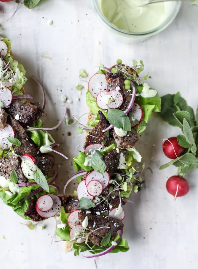 open faced steak sandwich with avocado horseradish I howsweeteats.com