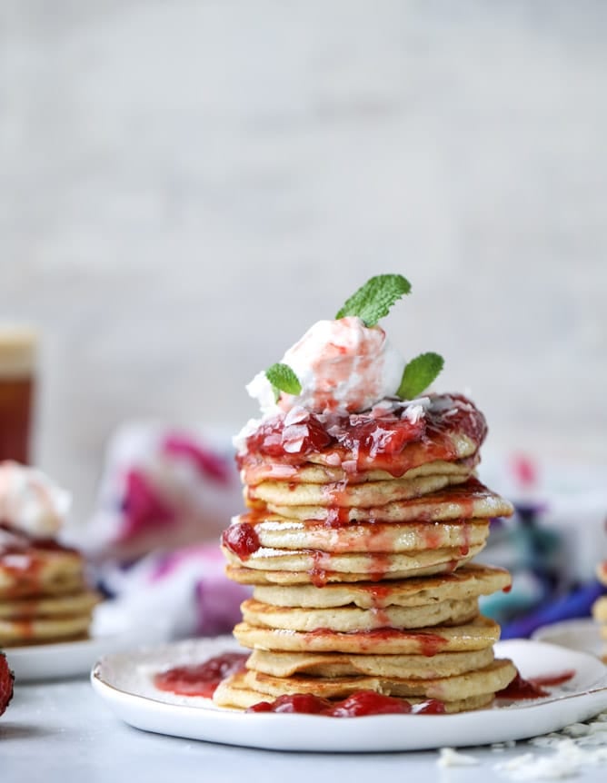 mini coconut ricotta pancakes with strawberry syrup I howsweeteats.com
