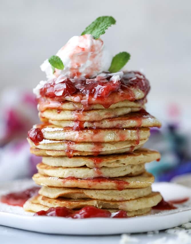 mini coconut ricotta pancakes with strawberry syrup I howsweeteats.com