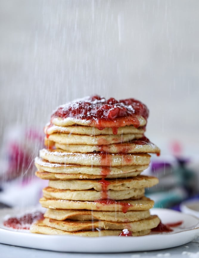 mini coconut ricotta pancakes with strawberry syrup I howsweeteats.com