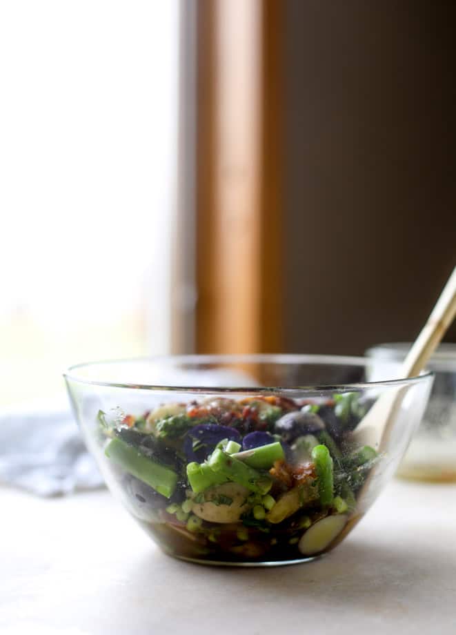 asparagus potato salad with hot bacon dressing I howsweeteats.com