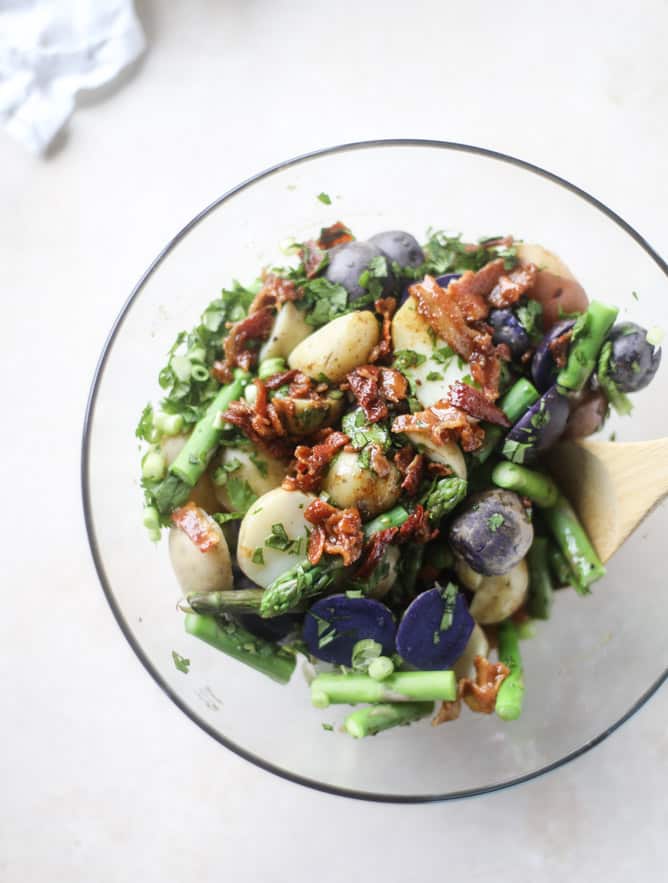 asparagus potato salad with hot bacon dressing I howsweeteats.com