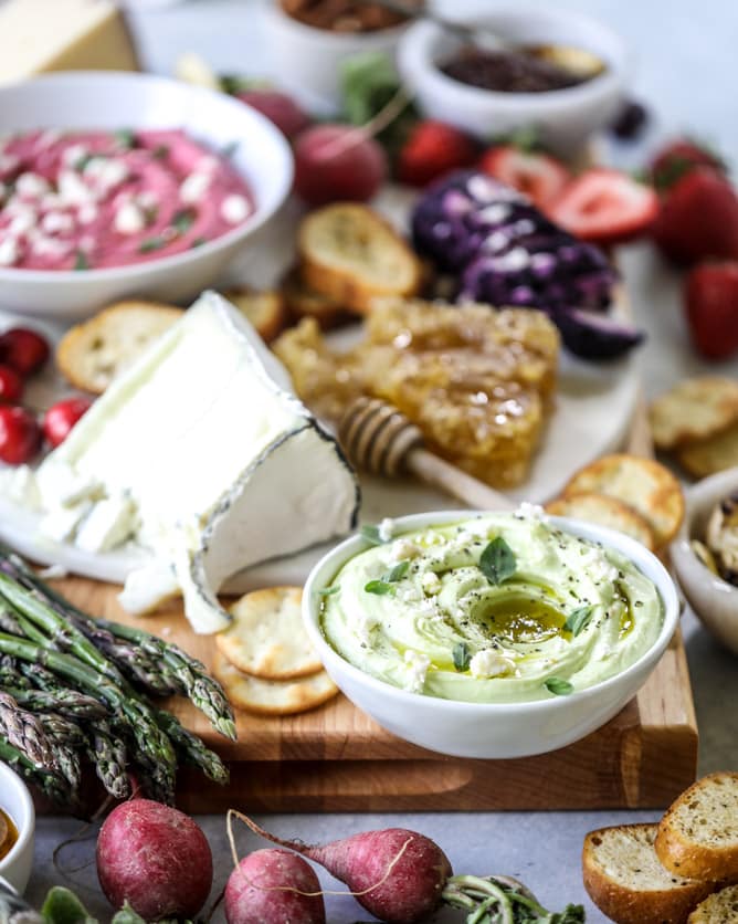 late spring cheese board with beet whipped feta I howsweeteats.com