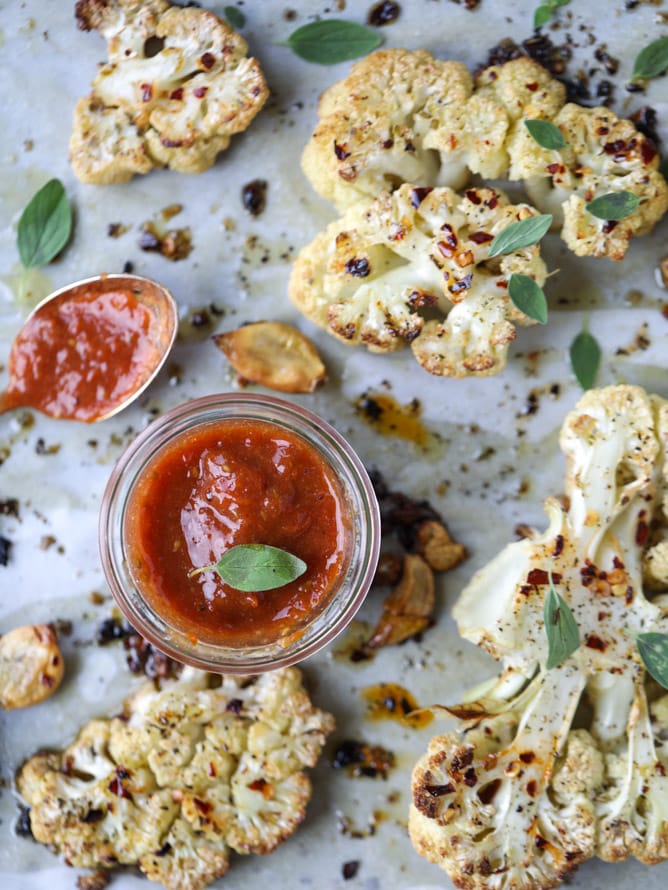 roasted sicilian cauliflower with quick tomato jam I howsweeteats.com