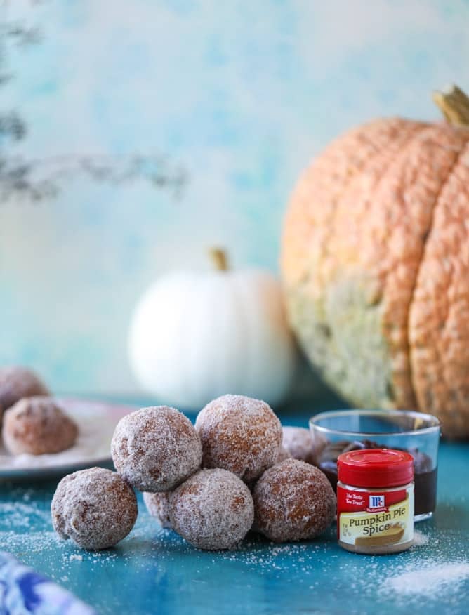 pumpkin doughnut holes with hot fudge I howsweeteats.com