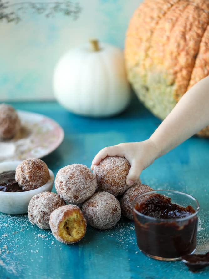 pumpkin doughnut holes with hot fudge I howsweeteats.com
