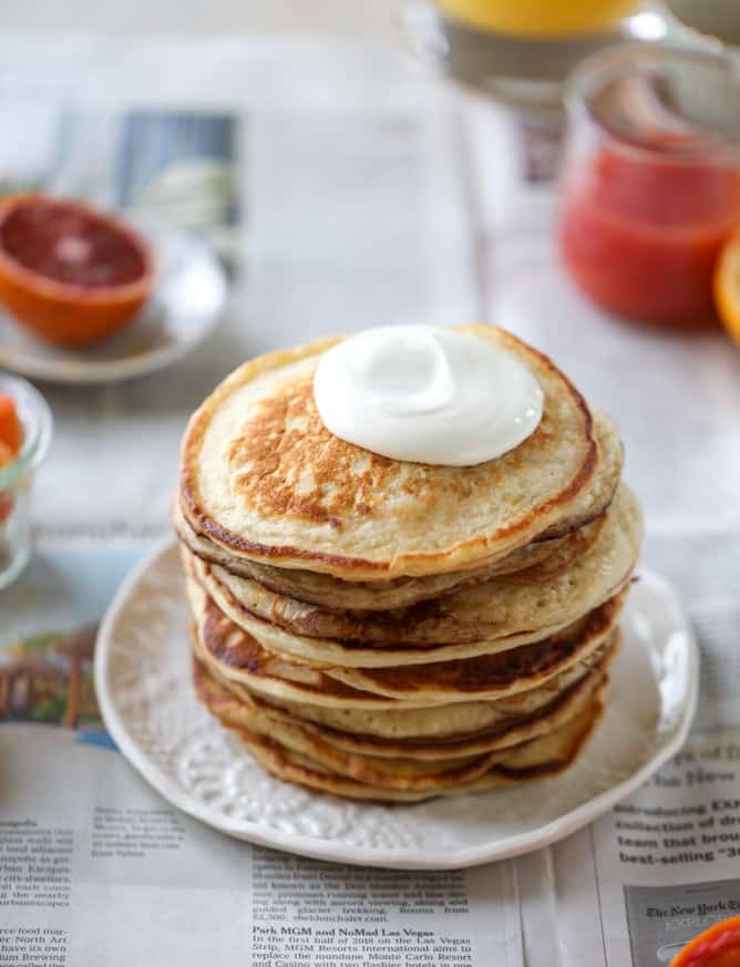 greek yogurt pancakes with warm winter citrus I howsweeteats.com #greekyogurt #pancakes #breakfast #brunch #citrus