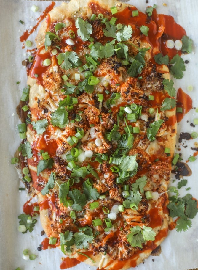 roasted buffalo cauliflower flatbread I howsweeteats.com #cauliflower #buffalo #pizza #flatbread