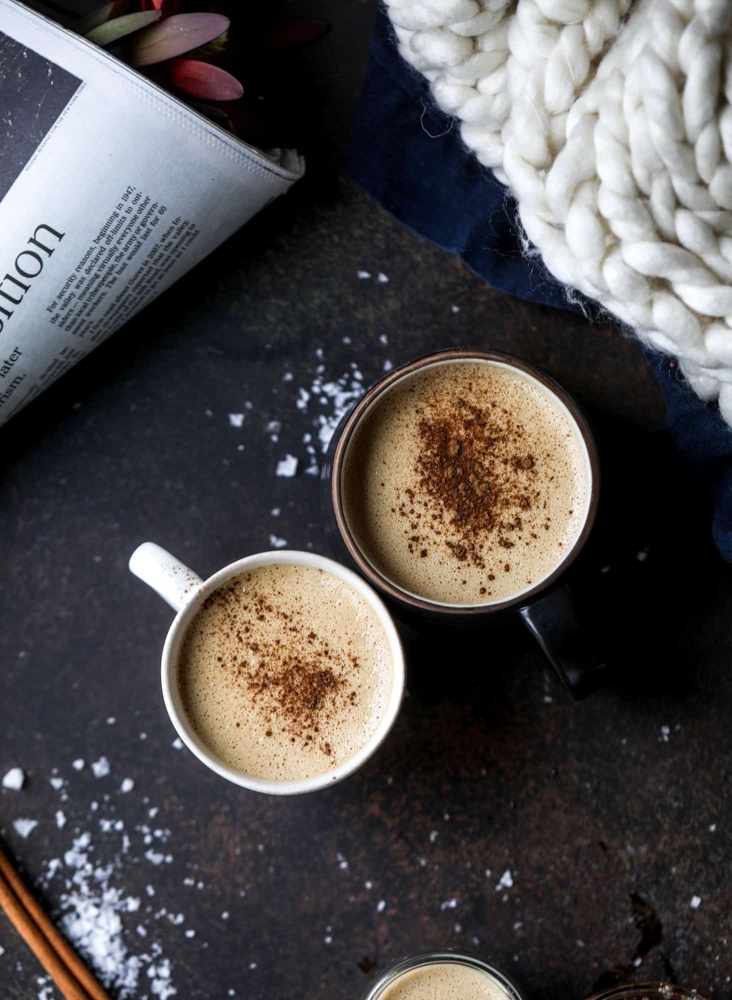 This salted maple power coffee is the perfect creamy pick-me up. Maple syrup, coconut butter and sea salt are blended with hot coffee to make the most deliciously whipped hot, frothy latte-like drink, without any dairy! I howsweeteats.com #coffee #coconutbutter