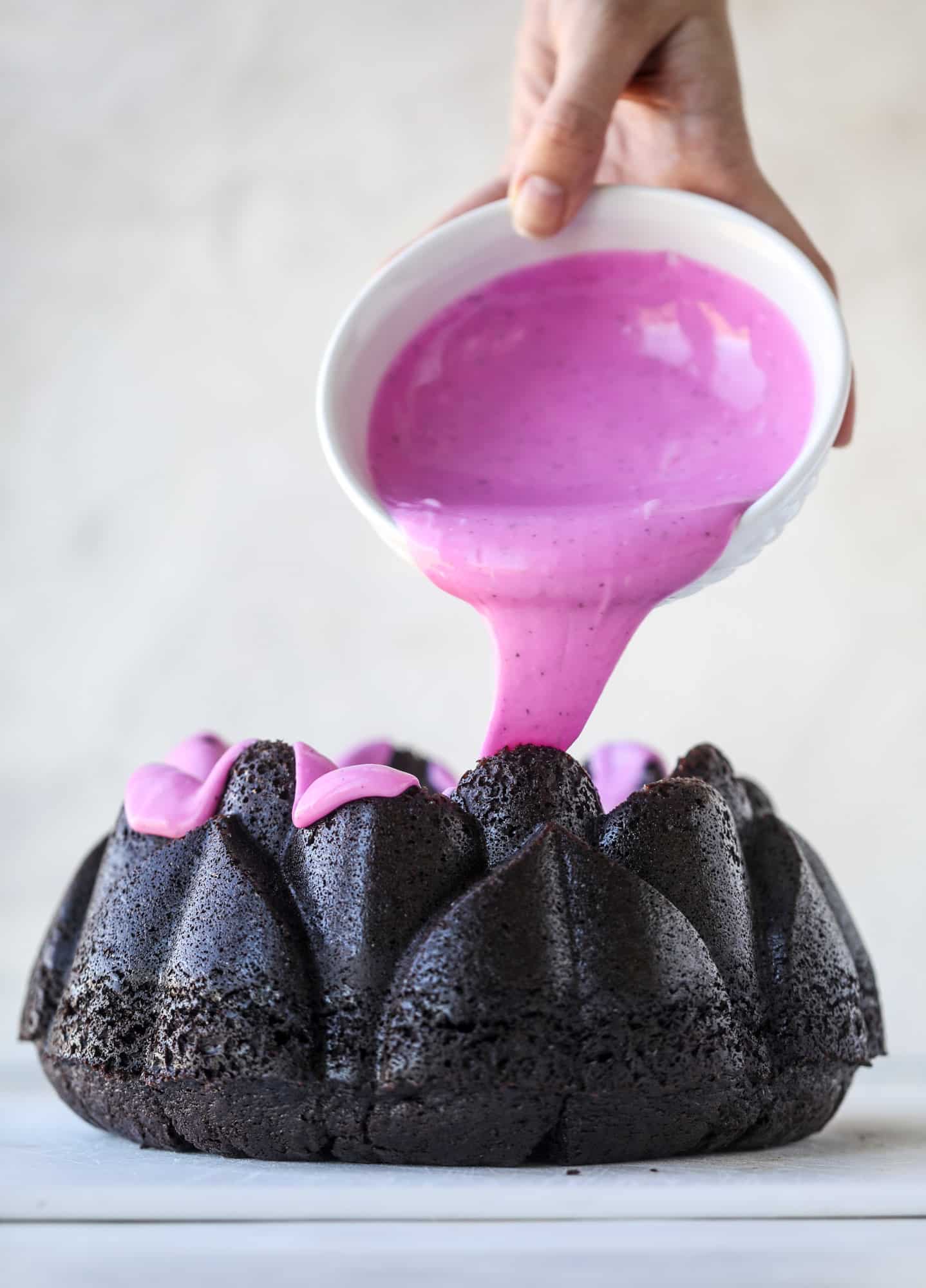 dragon fruit glaze on chocolate bundt cake