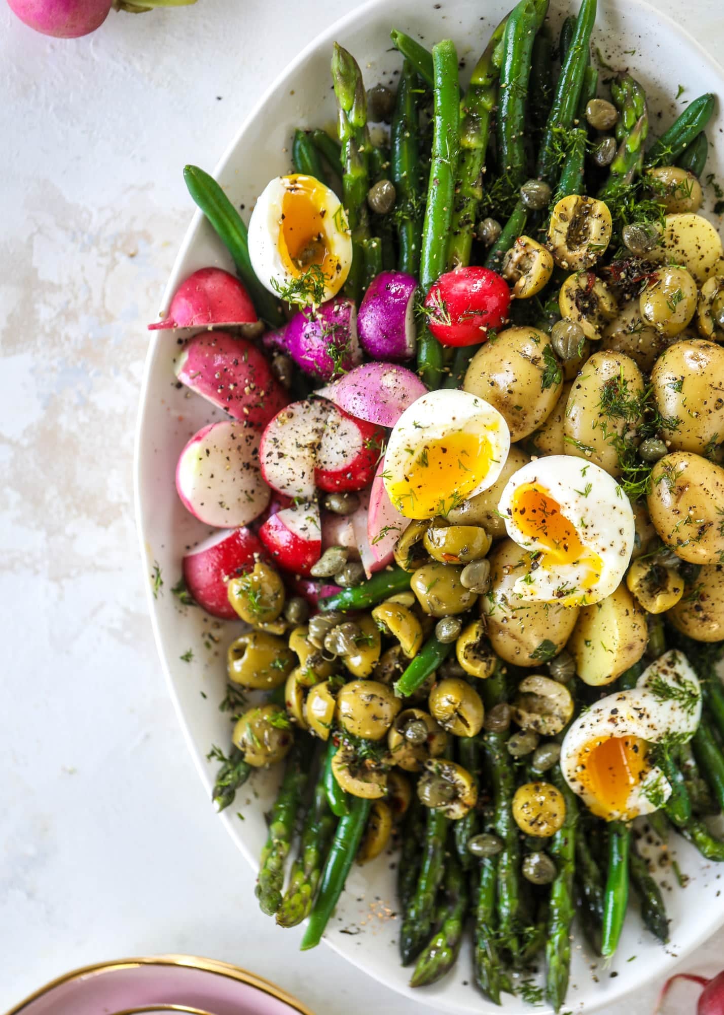 This spring version of the nicoise salad is loaded with crunchy green beans and asparagus, gorgeous radishes, tender potatoes and salty olives.