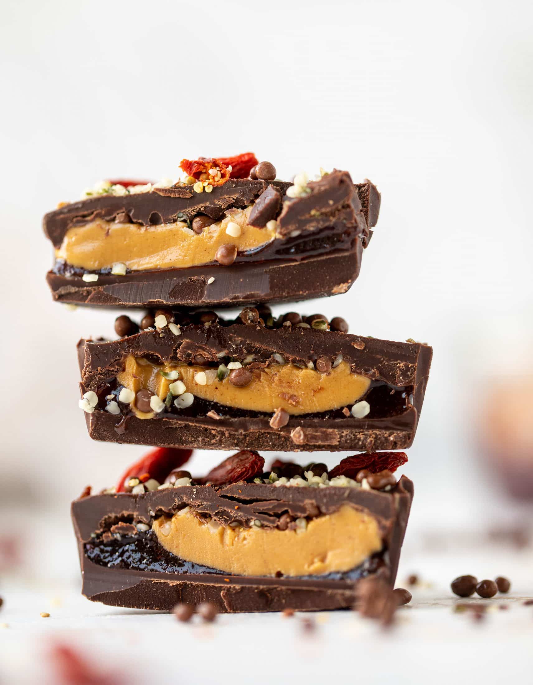 These peanut butter and jelly cups are the best homemade treat ever! Use your favorite jam and add a sprinkle of chia and hemp hearts. So good!