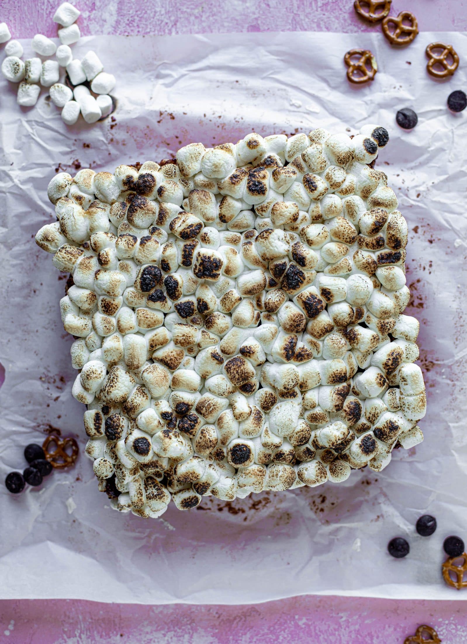 These indulgent s'mores bars are crispy and crunchy and studded with salted pretzels! Toasted marshmallow and dark chocolate make these the best treat ever!