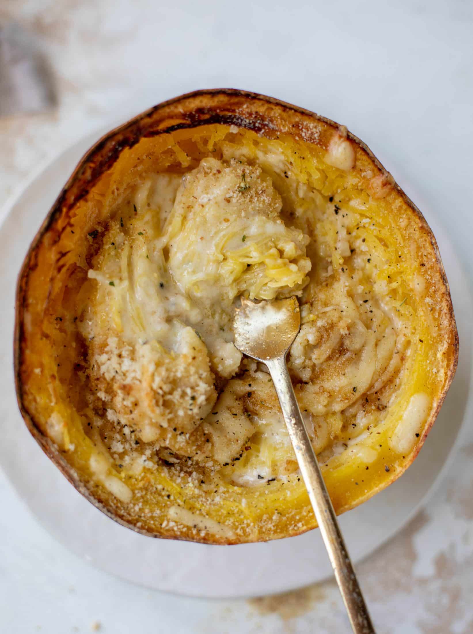 Three cheese spaghetti squash in a squash bowl! Squash tossed with fontina, gruyere and parmesan to make a creamy comforting meal.