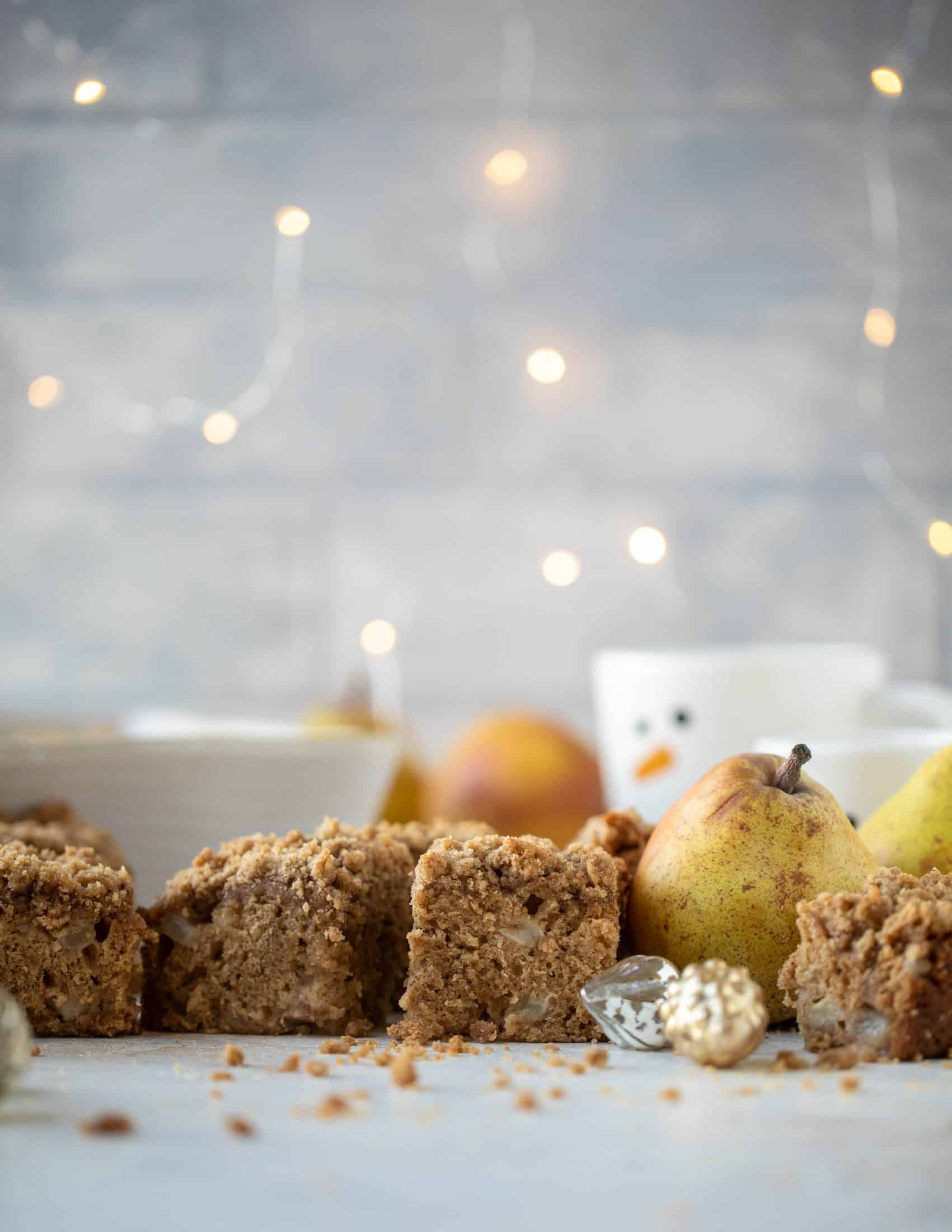 A pear coffee cake made with brown butter and greek yogurt. It's delicious for breakfast or brunch and the crumb topping is unbelievable.