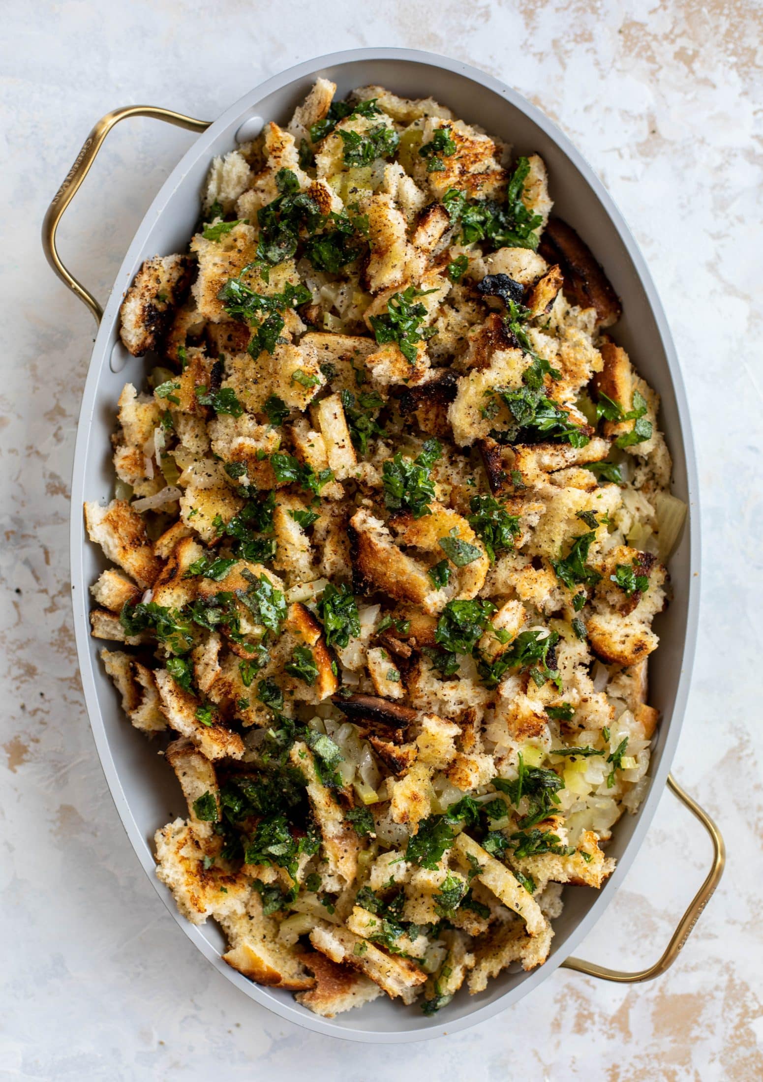 This grilled bread stuffing is a modern twist on the classic - deliciously traditional and flavored to perfection, made with grilled bread!