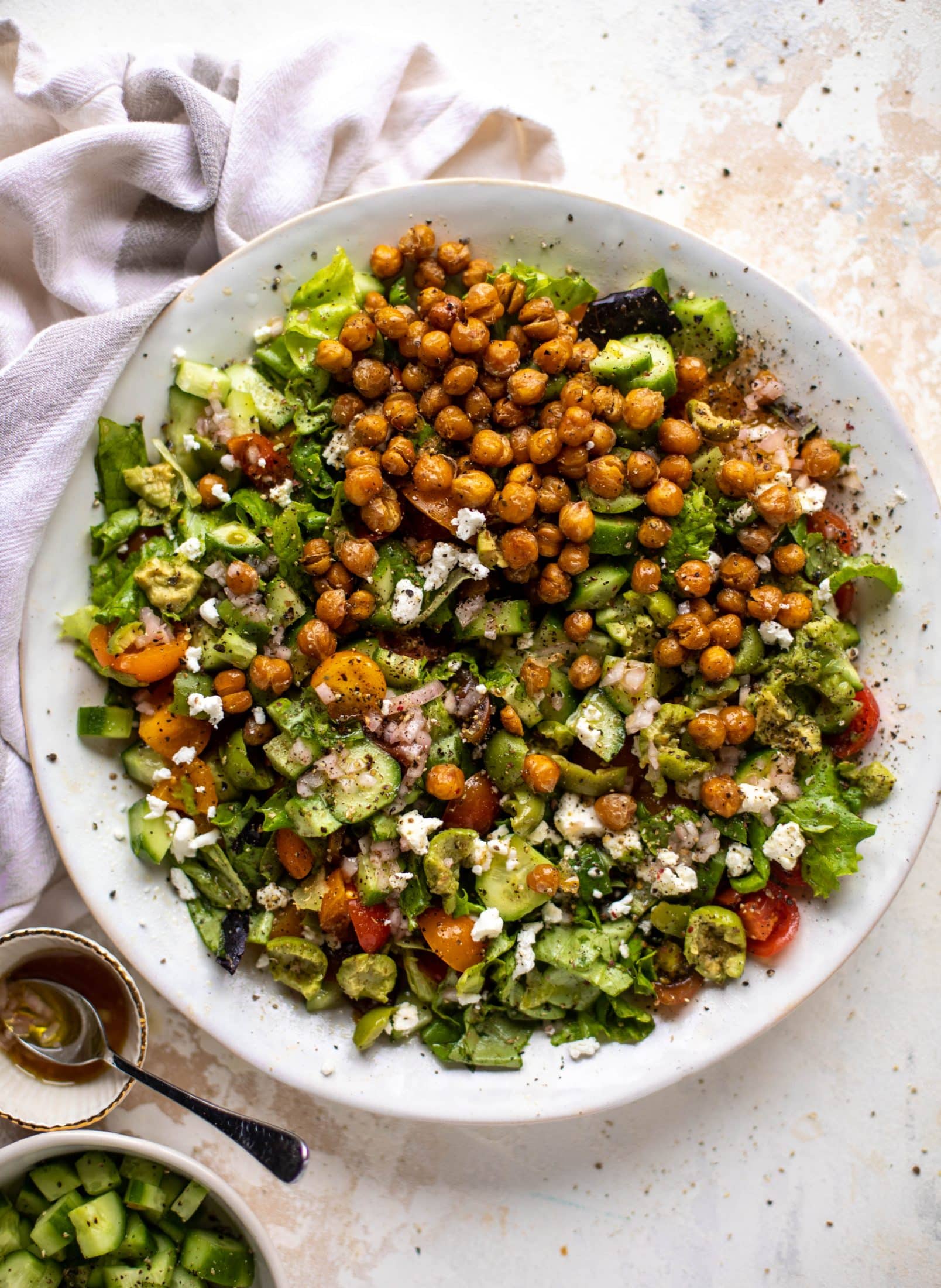 This crispy chickpea chopped salad is super simple and loaded with flavor. It's an incredible side or starter and a huge crowd pleaser!